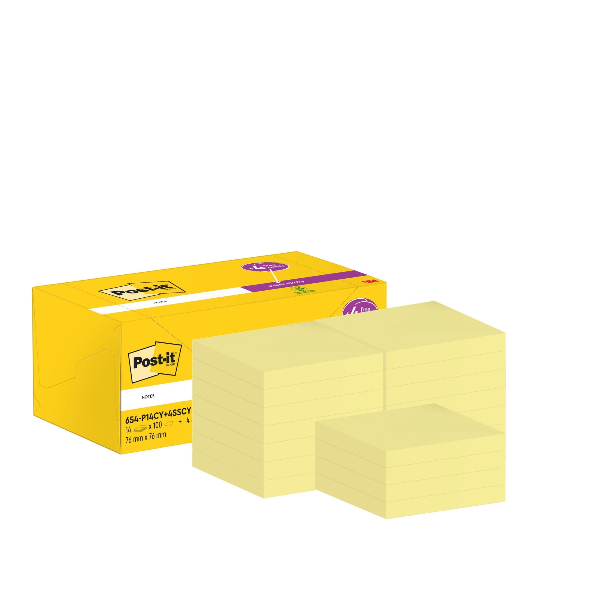 Abgebildet ist eine gelbe Packung 3M Post-it® Notes (76 x 76 mm, 14 Blöcke mit 100 Blatt) plus vier Super Sticky Notes-Blöcke, mit Produktinformation und Branding auf der Schachtel. Der Hintergrund ist weiß. Alle Notizen sind PEFC-zertifiziert.