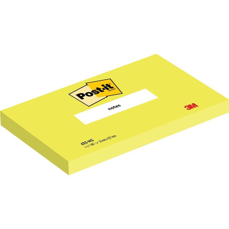 Avbildad är en rektangulär gul Post-it® Anteckningsblock (76 mm x 127 mm, 100 blad/block, 100% PEFC) från 3M Deutschland GmbH med Post-it-logotypen upptill, "notes" i mitten och 3M-logotypen i det nedre högra hörnet.