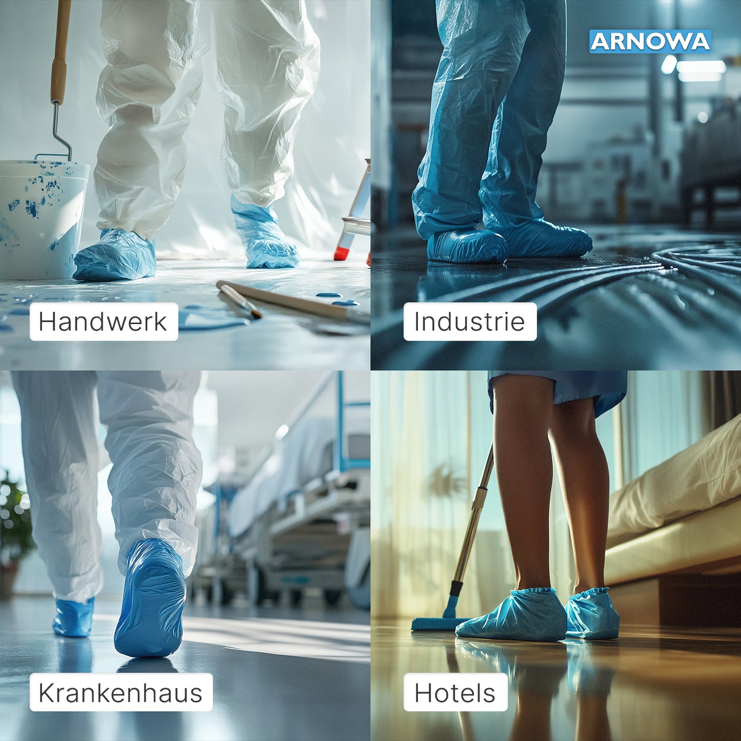 Fyra foton visar personer som använder ARNOMED CPE/PP engångsskoskydd från ARNOWA GmbH inom områdena "Hantverk", "Industri", "Sjukhus" och "Hotell" - och därmed demonstrerar vattentätt skydd inom många användningsområden.