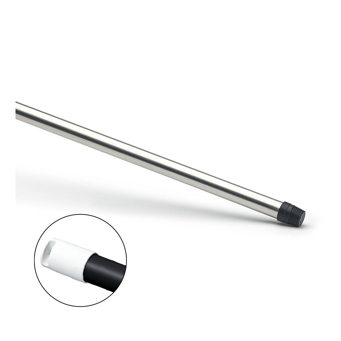 Nölle Profi Brush aluminiumhandtag 140 cm, delvis belagt med gänga (1 styck) från Nölle Profi Brush borst- & penselteknik e.K. är avbildad snett på vit bakgrund, med en inskuren cirkel som visar gängänden i närbild.