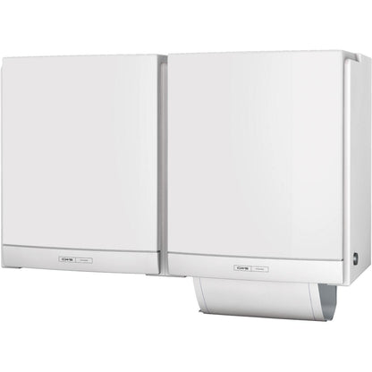 Zwei weiße CWS ParadiseLine Stoffhandtuchspender DUO mit Panel Weiß sind nebeneinander montiert und stellen eine umweltfreundliche und hygienische Lösung für Waschräume dar. Ein Handtuch ist in der umweltfreundlichen Einheit sichtbar.