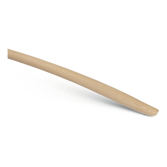 Eine Nahaufnahme des Nölle Profi Brush Schaufelstiel gebogen, 130 cm, Ø 41 mm aus Esche von Nölle Profi Brush Bürsten- & Pinseltechnik e.K., mit gebogenem, konischem Ende vor weißem Hintergrund.