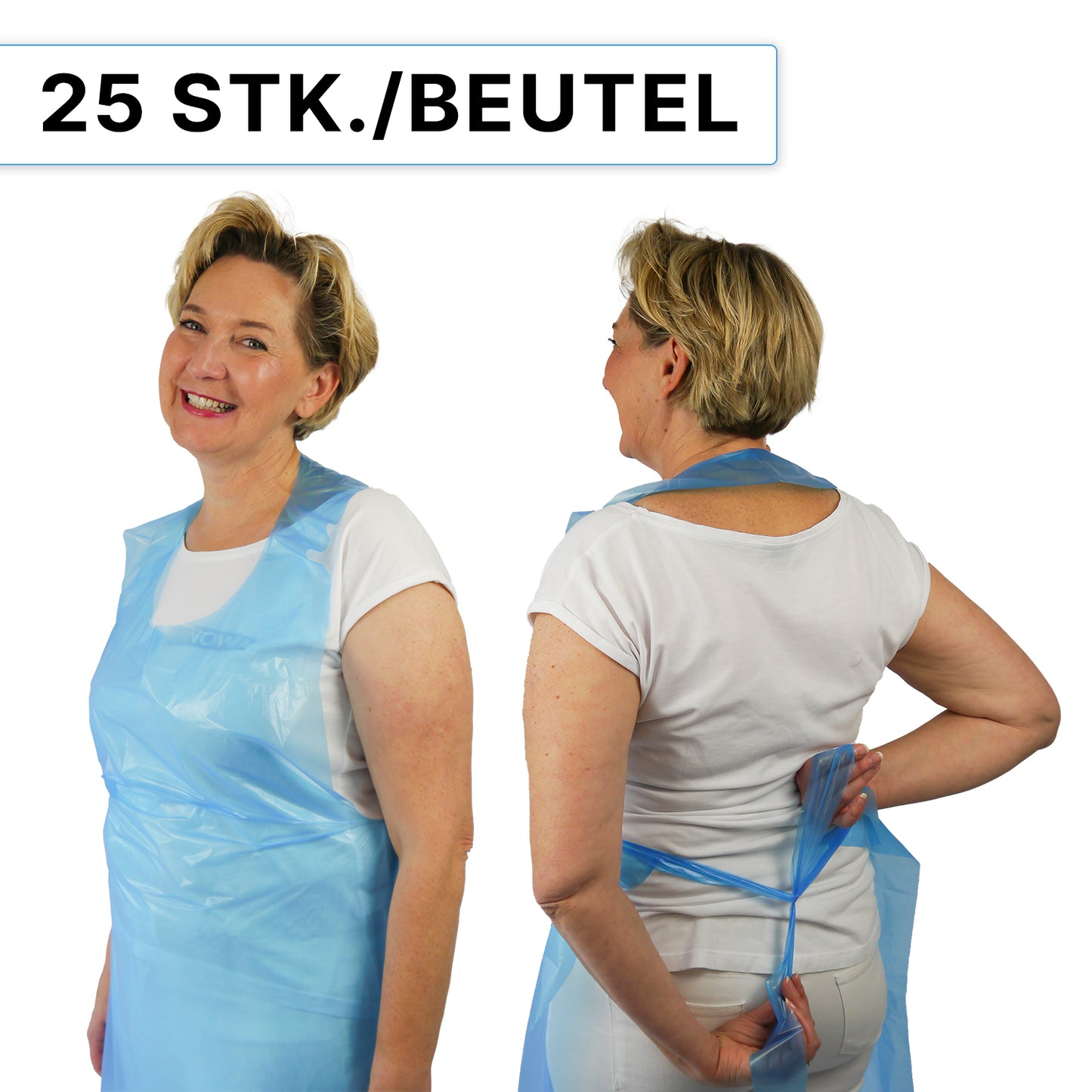 Eine Frau modelliert die ARNOMED COVER PE-SCHÜRZE Geblockte Einmalschürzen aus PE (18µ) der ARNOWA GmbH, abgebildet vorne und hinten beim Binden. Oben auf dem Bild steht "25 STK./BEUTEL".