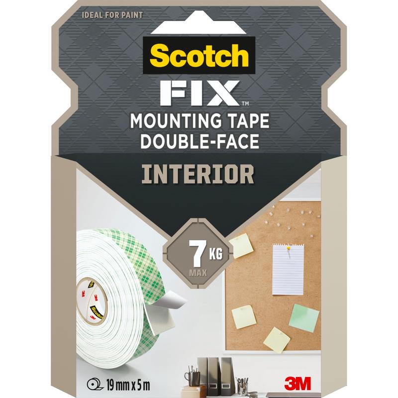 Visad är en förpackning av Scotch-FIX™ Dubbelsidigt inomhusmonteringstejp från 3M Deutschland GmbH med en tejprulle, en anslagstavla med papper och detaljer som 7 kg maxvikt och 19 mm x 5 m storlek.