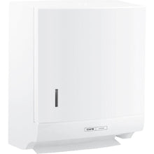 Der CWS ParadiseLine Faltpapierhandtuchspender Paper Slim in Weiß mit Schloss von CWS besitzt ein Sichtfenster für den Papierstand und das "CWS Hygiene" Label unten - ideal für hygienisches Händetrocknen.