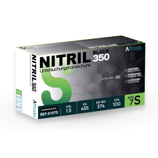 En förpackning Altruan Nitril 350 Black engångshandskar (svarta) från BINGOLD GmbH + Co. KG: storlek 7S, latexfria, icke-sterila, puderfria – 100 stycken per förpackning med svart/grönt mönster.