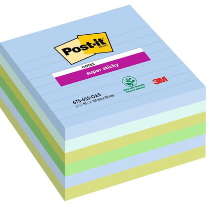 En bunt stora Post-it® Super Sticky Notes (101 x 101 mm, 90 blad, 100% PEFC) från 3M Deutschland GmbH. Det översta bladet är märkt med branding och skogscertifiering.