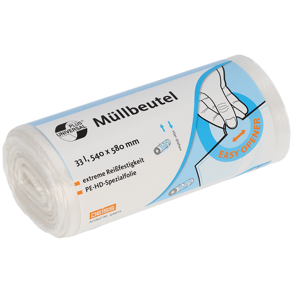 En transparent rulle av EMIL DEISS KG (GmbH + Co.) DEISS 49903 soppåsar (540x580 mm, 100 stycken) med blå-orange etikett visar en hand vid användning av Easy Opener; etiketten hänvisar till 33L kapacitet och hög rivstyrka för praktisk användning.