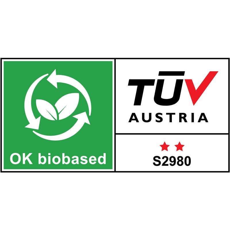 Logotypen "OK biobased" med grön ruta, två blad i en cirkel och texten, bredvid "TÜV AUSTRIA", två röda stjärnor och kod S2980 på vit bakgrund - passande för Scotch® Magic™-tejp (3M), 66 % växtbaserat lim, 1 rulle + dispenser.