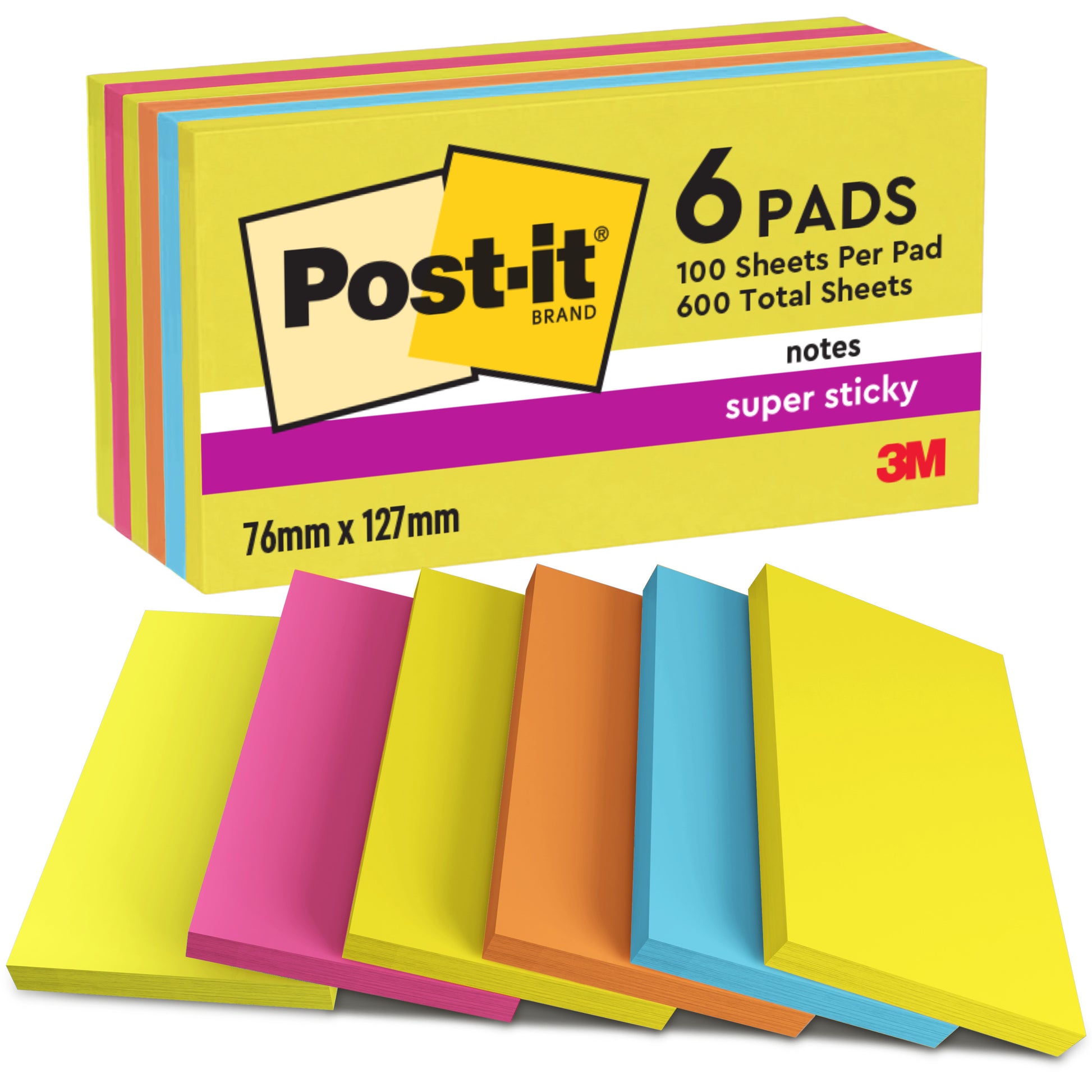 Sechs Blöcke 3M Post-it® Notes, Energetic Collection (76mm x 127mm), jeder mit 100 Blatt, insgesamt 600 Blatt pro Packung. Farblich sortiert. Hergestellt aus 100% PEFC-zertifiziertem Papier.