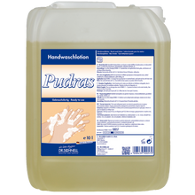 DR.SCHNELL PUDRAS Handwaschlotion für Spendersysteme in einem 10-Liter-Kanister aus durchsichtigem Kunststoff mit blau-weißem Etikett; die hellgelbe, angenehm duftende Lotion reinigt die Haut sanft. Marke: DR.SCHNELL GmbH & Co. KGaA.
