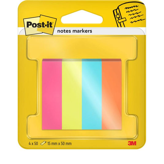 Post-it® Page Marker, Poptimistic Collection från 3M Deutschland GmbH, innehåller 4 block à 50 ark (15 mm x 50 mm) i olika färger och levereras i en förpackning (1 styck) som är 100% PEFC-certifierad (SGSCH-PEFC-COC-110078).