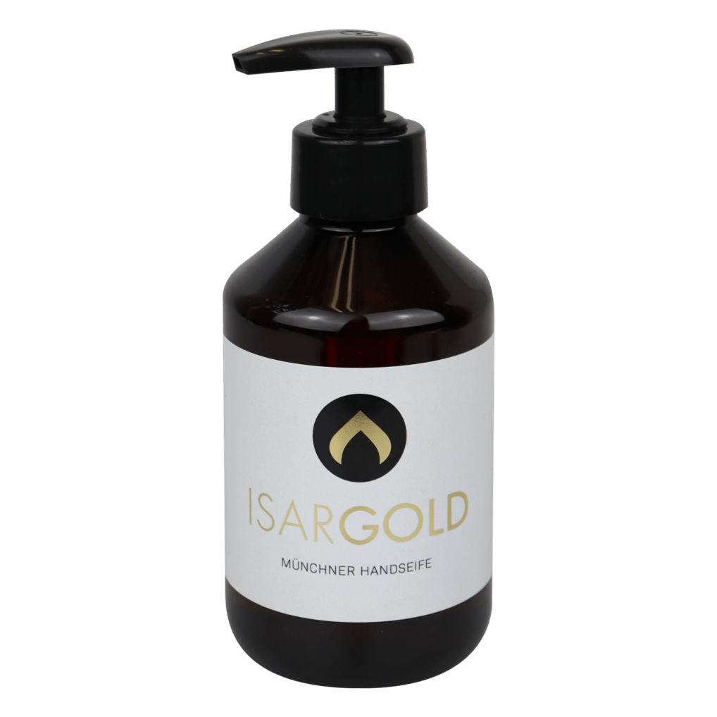 Eine dunkelbraune 250 ml Kunststoff-Pumpflasche der Dr. Schnell ISARGOLD Handseife, Münchner Qualität, von DR.SCHNELL GmbH & Co. KGaA, mit weißem Etikett und schwarz-goldenem Logo, ideal für persönliche Hygiene und empfindliche Haut.