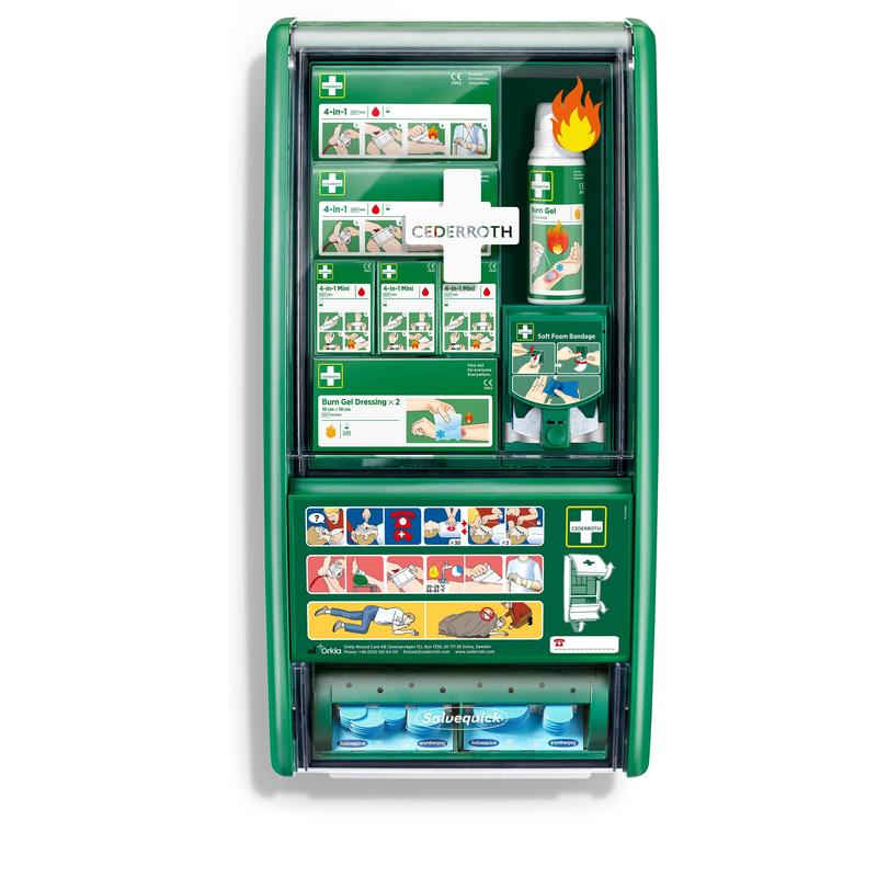 Cederroth första hjälpen & brännskadestation från Orkla Wound Care AB (1 paket) erbjuder organiserade första hjälpen-material inklusive brännskadegel, förbandsmaterial och illustrerade instruktioner i en grön station.