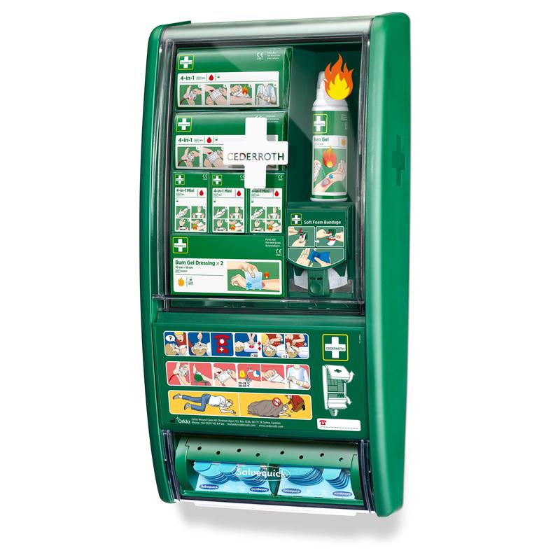 Cederroth första hjälpen & brännskadestation från Orkla Wound Care AB är en grön, väggmonterad första hjälpen-station med fack för brännskadegel, förband, mjuka skumbindor och en illustrerad instruktion på framsidan.