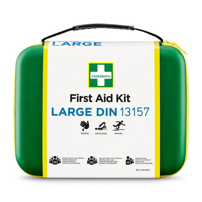 En grön förbandslåda LARGE DIN från Orkla Wound Care AB med symboler för sår, cirkulation och stukningar. Väskan har ett handtag och en vit framsida med blå/svart text. Förpackning (1 styck).