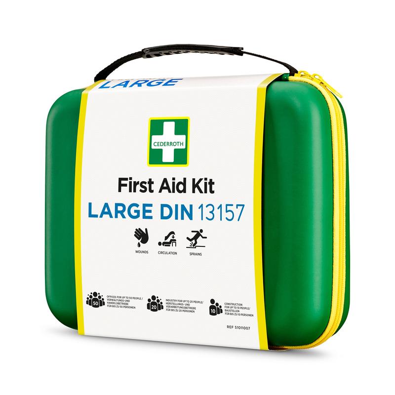 En grön Orkla Wound Care AB förbandslåda LARGE DIN (Förpackning, 1 styck) med gul dragkedja och handtag för sår, blodcirkulation och stukningar är försedd med piktogram på vit bakgrund och uppfyller DIN-standarden.
