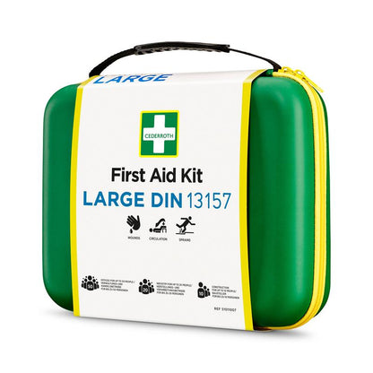 En grön Orkla Wound Care AB förbandslåda LARGE DIN (Förpackning, 1 styck) med gul dragkedja och handtag för sår, blodcirkulation och stukningar är försedd med piktogram på vit bakgrund och uppfyller DIN-standarden.