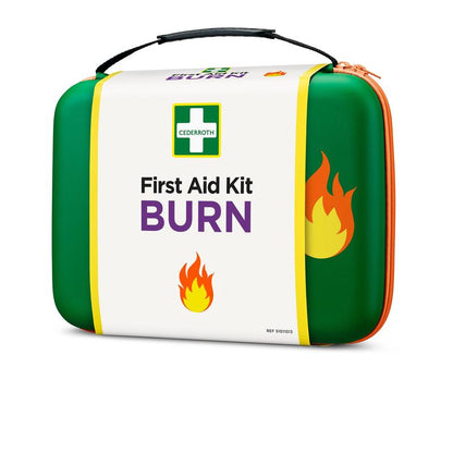 Ett grön-vitt "Cederroth första hjälpen-kit för brännskador" från Orkla Wound Care AB, med flamsymboler, logotyp på framsidan, orange dragkedja och svart handtag. Förpackning (1 styck).
