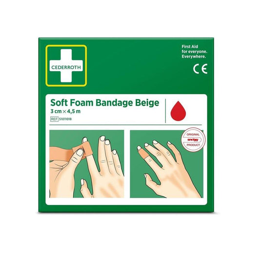 En grön förpackning med texten ”Cederroth soft foam bandage beige 3x450 cm | Förpackning (1 styck)” från Orkla Wound Care AB, med en bruksanvisning för fingerbandage, en röd droppssymbol och texten: ”Första hjälpen för alla. Överallt.”