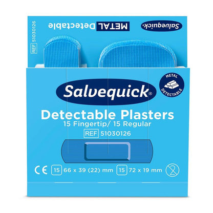 En blå låda från Orkla Wound Care AB, "Fingerspets/normal blå synlig, 30 stycken/mina", innehåller 15 fingerspets och 15 vanliga plåster. Metallavkännbar och idealisk för användning i livsmedelsindustrin. Förpackning (6 stycken).