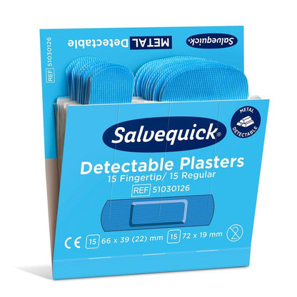 Avbildad är en blå låda Orkla Wound Care AB Fingerspets/normal blå synlig, 30 stycken/minplåster (6-pack) med 15 fingerspets och 15 vanliga metallavkännbar plåster; på förpackningen finns detaljer och mått angivna.