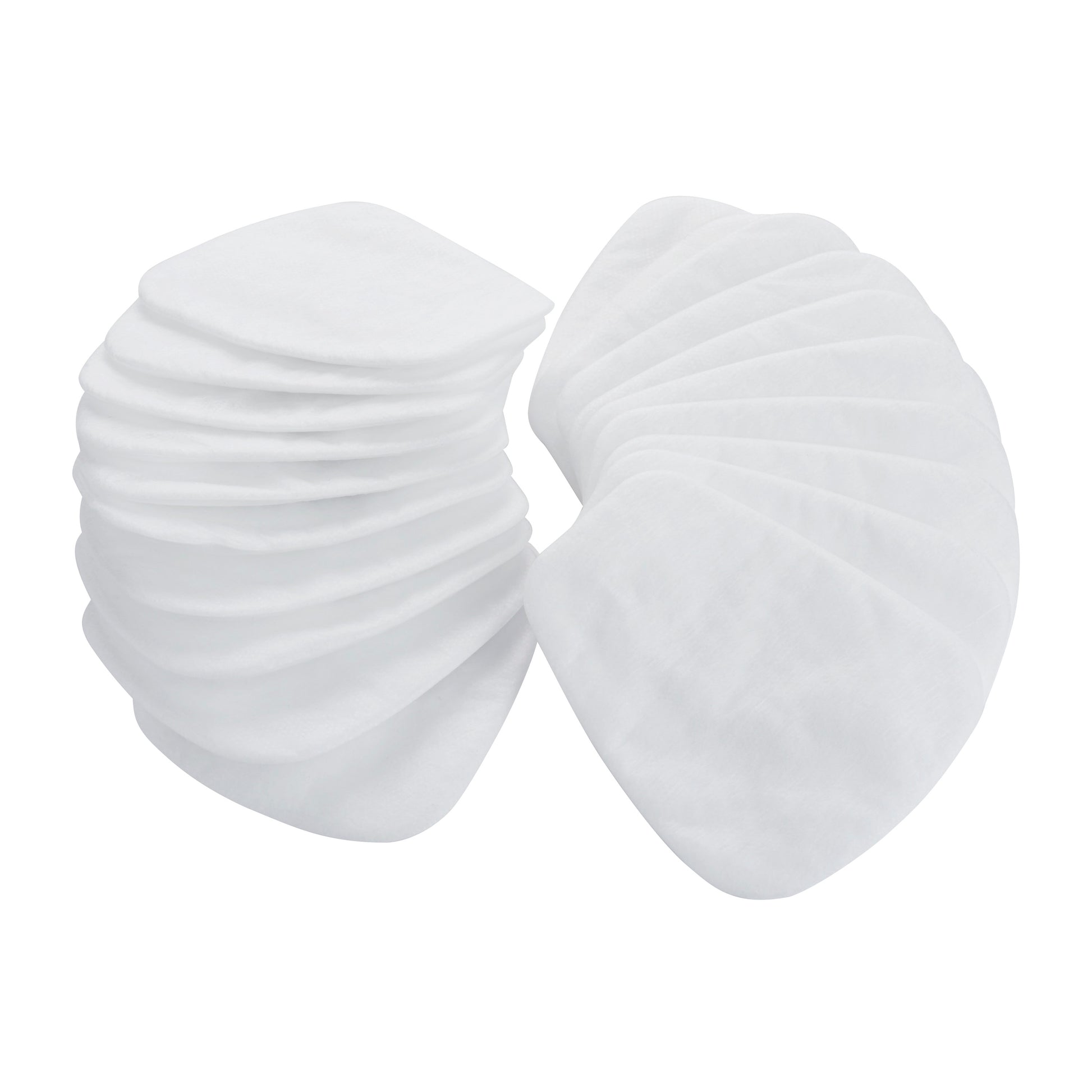 Ein Stapel 3M™ Partikelfilter 5925, P2 (10 Paar/Packung) der 3M Deutschland GmbH ist vor einem weißen Hintergrund abgebildet, wobei mehrere Filter fächerförmig auf der rechten Seite angeordnet sind.