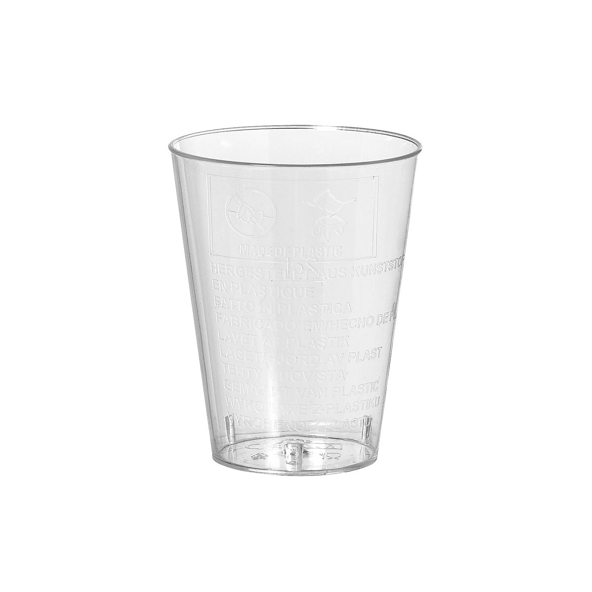 Ett transparent snapsglas trend PS plastbägare från Duni GmbH (förpackning 50 stycken) med ingjutna återvinningssymboler och text, fotograferad mot en enkel vit bakgrund.
