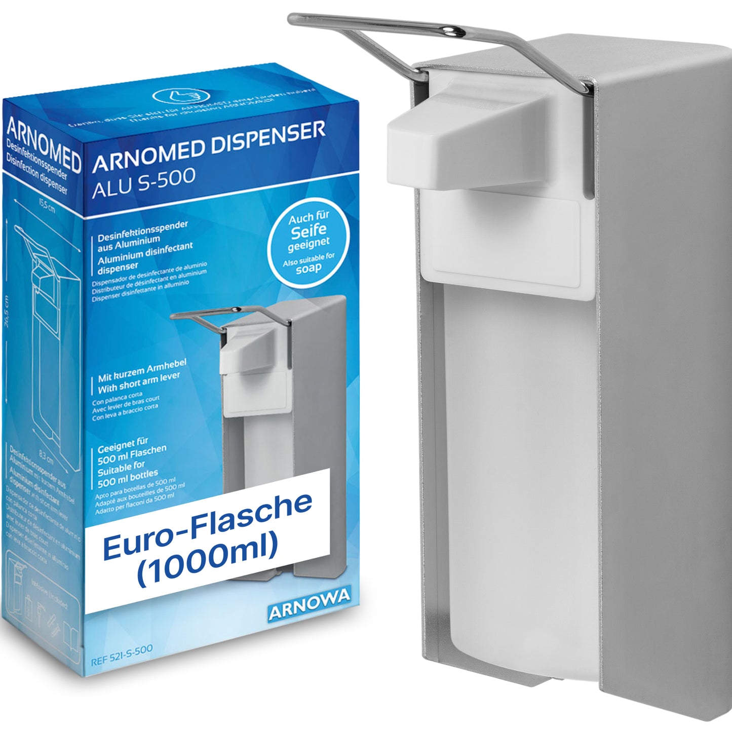 Ein silberner ARNOMED DISPENSER aus Aluminium der ARNOWA GmbH steht an der Wand neben der blauen Box mit der Aufschrift "Euro-Flasche (1000ml)" - ein hygienischer, manueller Seifen- und Desinfektionsmittelspender.