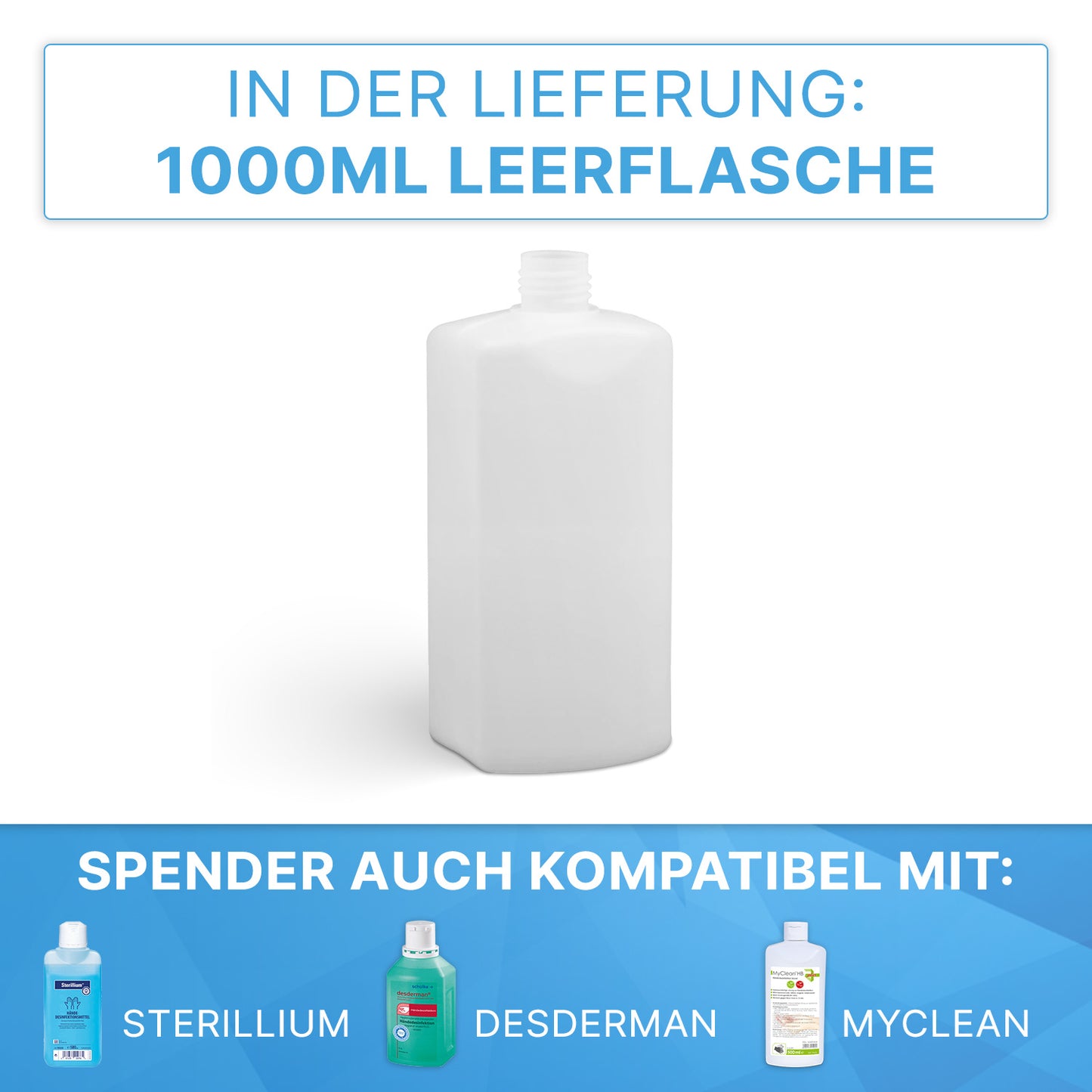Abgebildet ist eine weiße, leere 1000-ml-Flasche aus ABS-Kunststoff von ARNOWA GmbH, passend für ARNOMED DISPENSER ABS Manueller Seifen- und Desinfektionsmittelspender; Symbole unten zeigen die Kompatibilität mit drei Spender-Modellen.