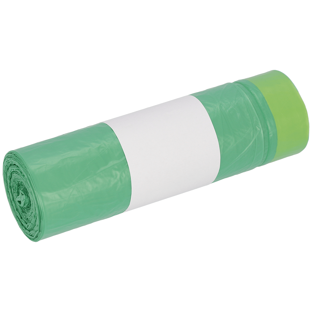 Avbildad är en rulle DEISS 52801 gröna soppåsar (20 stycken) från EMIL DEISS KG (GmbH + Co.) med en vit blank etikett i mitten på vit bakgrund.