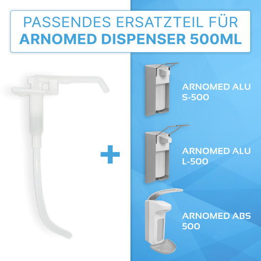 Links ist eine transparent-weiße ARNOMED DISPENSER DOSIERPUMPE Ersatzpumpe für Seifen- und Desinfektionsmittelspender der ARNOWA GmbH zu sehen, rechts sind die Modelle Arnomed Alu S-500, L-500 und ABS 500 Dosierpumpe abgebildet.