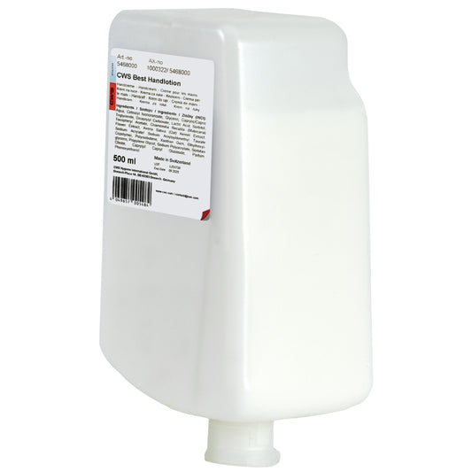 Weiße, rechteckige 500-ml-Flasche CWS Handlotion mit Produktinformation, Barcode und einer kleinen Bodentülle für die tägliche und hochwertige Handpflege. Mit der Aufschrift "CWS Handlotion, Best Handlotion 500 ml | Flasche (500 ml)".