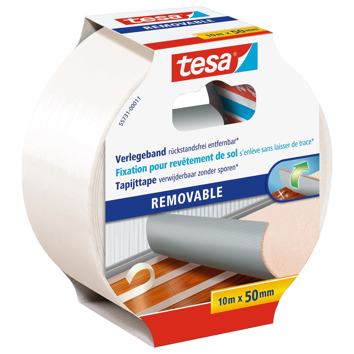 tesa 55731 Monteringstejp, kan avlägsnas utan att lämna rester, 10 m x 50 mm, vit-genomskinlig
