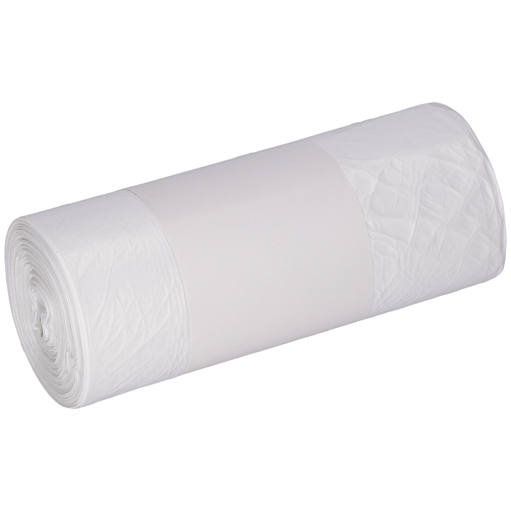 En rulle EMIL DEISS KG (GmbH + Co.) DEISS 56939 soppåsar (630x850 mm, vit, 40 stycken) med en enkel vit etikett lindad runt mitten på en ljus bakgrund.