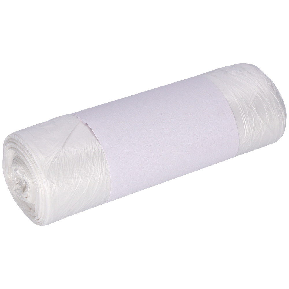 En rulle DEISS soppåsar 490x600 mm av HDPE 30 l från EMIL DEISS KG (GmbH + Co.) är omsvept med ett enfärgat vitt pappersband och tätt förpackad framför en ljus bakgrund.