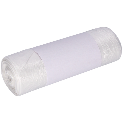 En rulle DEISS soppåsar 490x600 mm av HDPE 30 l från EMIL DEISS KG (GmbH + Co.) är omsvept med ett enfärgat vitt pappersband och tätt förpackad framför en ljus bakgrund.