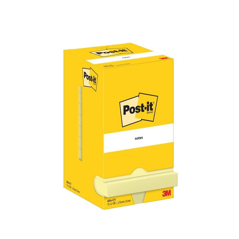 Avbildad är en gul låda med Post-it® Notes (76 x 76 mm, 100 blad/block, 12 block/förpackning) från 3M Deutschland GmbH med en dispenseröppning. Kartongförpackningen är 100% PEFC-certifierad (SGSCH-PEFC-COC-110078).