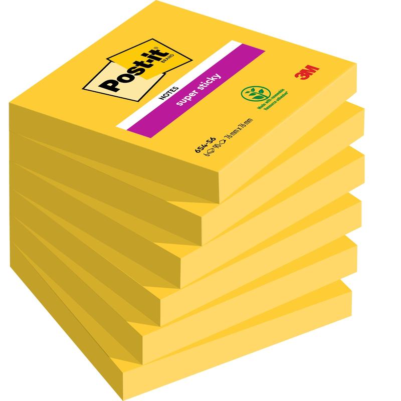 Ett paket med sex rektangulära Post-it® Notes i gult, 76 x 76 mm, 90 blad per block från 3M Deutschland GmbH. Det översta blocket har en magentafärgad "Super Sticky"-etikett. Tillverkat av 100% PEFC-certifierat papper (SGSCH-PEFC-COC-110078).