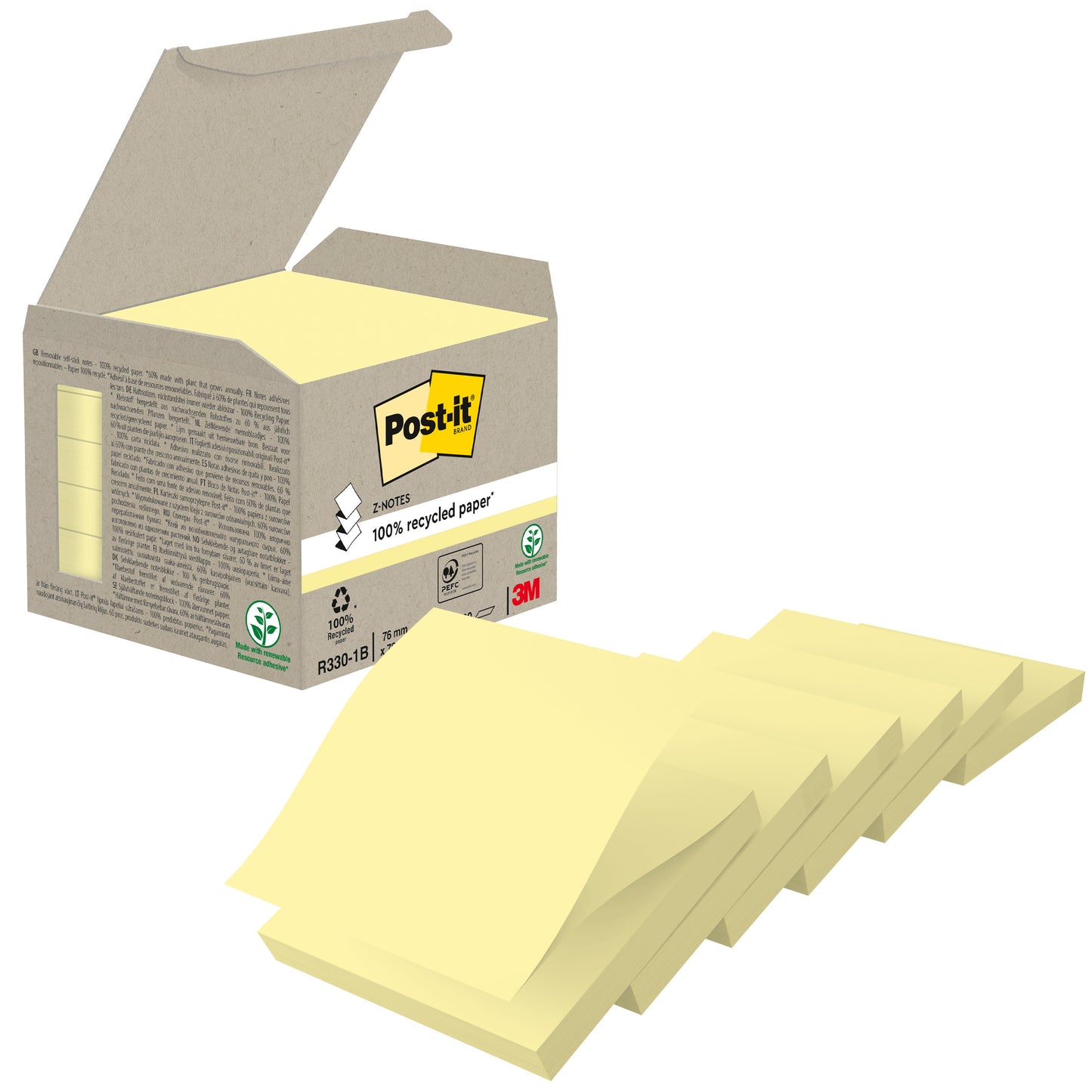 Eine Schachtel mit 3M Post-it® Recycling Z-Notes, Gelb, 76x76 mm, 100 Blatt/Block, 6 Blöcke/Packung (100% PEFC-zertifiziert durch SGSCH-PEFC-COC-110078), ist mit gelben umweltfreundlichen Notizen und dem Post-it Branding versehen.