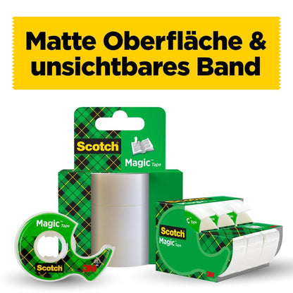 Scotch® Magic™ osynlig tejp 1 rulle (19 mm x 7,5 m) med handdispenser från 3M Deutschland GmbH i grönrutigt förpackning framför en gul skylt med "Matt yta & osynlig tejp".