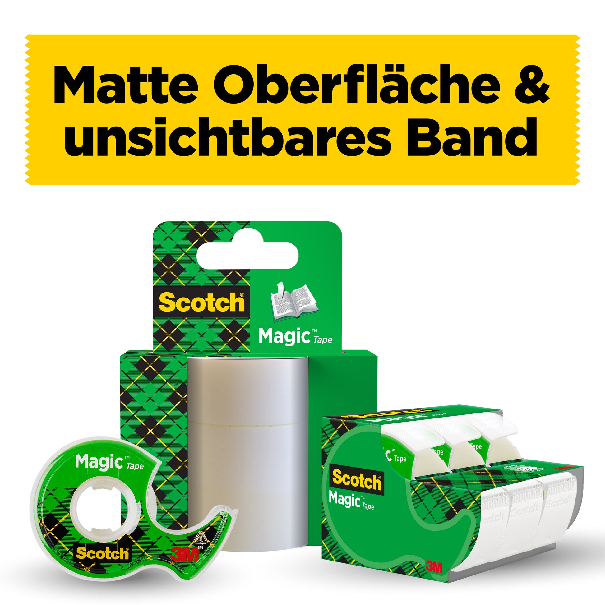 Gezeigt werden drei Scotch® Magic™ Unsichtbares Klebeband-Packungen von 3M Deutschland GmbH, darunter ein Klebebandabroller, eine Nachfüllpackung für zwei Packungen und eine Mehrfachpackung. Der deutsche Text oben lautet "Matte Oberfläche & unsichtbares Band.