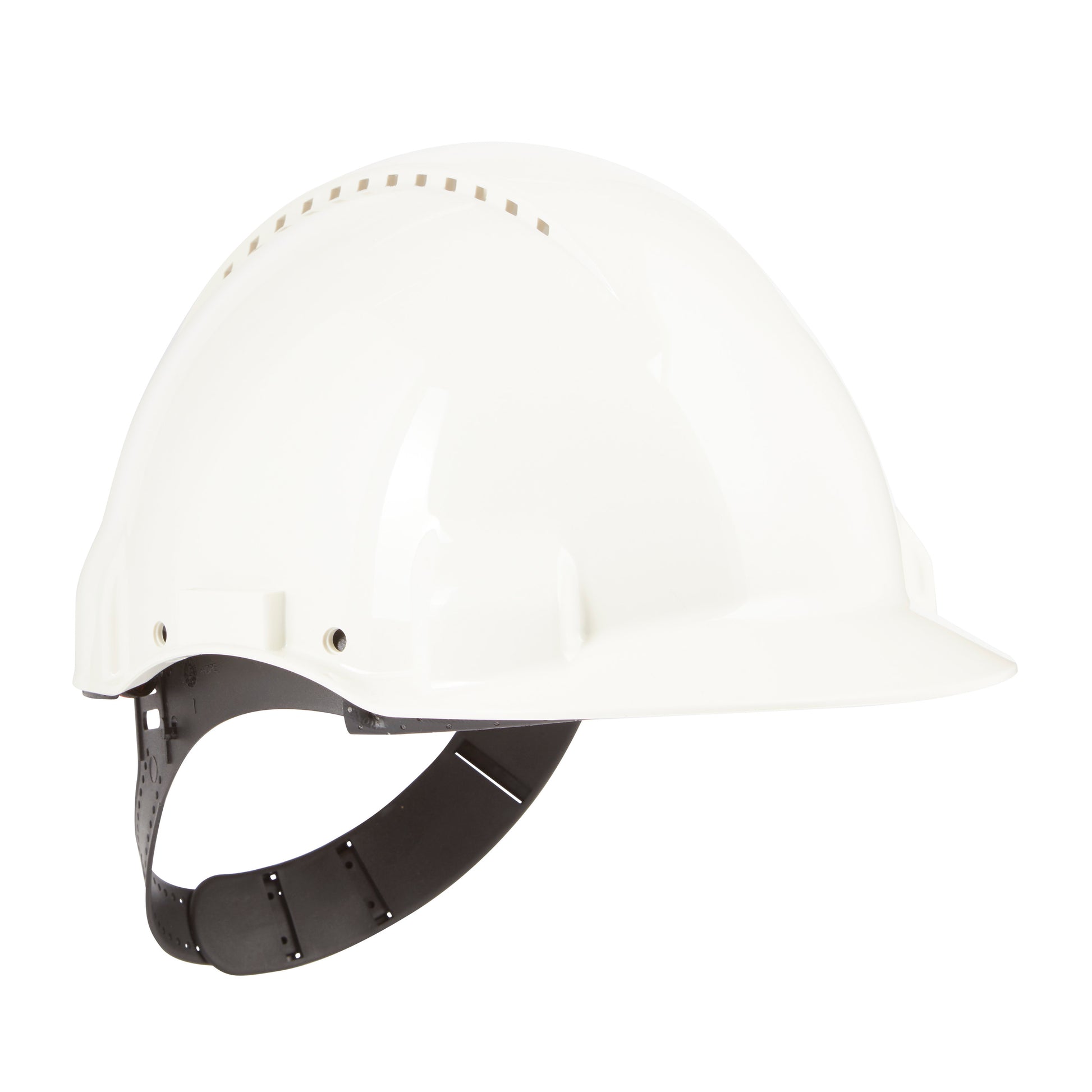 Der 3M™ Schutzhelm G3000C Uvicator von 3M Deutschland GmbH ist ein weißer Bauhelm mit schwarzem, verstellbarem Gurt und Arretierstift-Anpassung, der für optimalen Arbeitsschutz konzipiert wurde, abgebildet auf einem schlichten weißen Hintergrund.