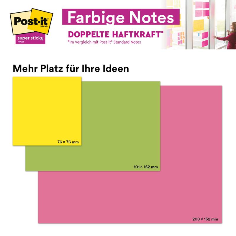 Jämför tre PEFC-certifierade Post-it® Super Sticky Meeting Notes från 3M i neonfärger (gul 76x76mm, grön 101x152mm, rosa 203x152mm), medan någon fäster en stor neonfärgad anteckning (203x152mm) på en glasvägg.