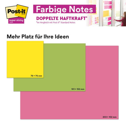 Jämför tre PEFC-certifierade Post-it® Super Sticky Meeting Notes från 3M i neonfärger (gul 76x76mm, grön 101x152mm, rosa 203x152mm), medan någon fäster en stor neonfärgad anteckning (203x152mm) på en glasvägg.