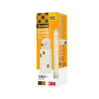 Ein Karton Scotch® 508 Transparentes Klebeband von 3M Deutschland GmbH enthält 10 Rollen (15 mm x 10 m) in einer weiß-orangefarbenen Verpackung mit vertikalen Abbildungen des gestapelten Klebebandes und Produktangaben.