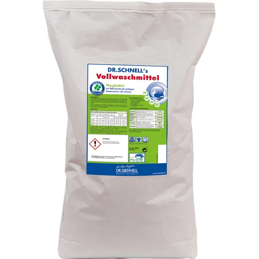 Eine ungeöffnete, große weiße Plastiktüte von Dr. Schnell DR.SCHNELL'S VOLLWASCHMITTEL von DR.SCHNELL GmbH & Co. KGaA, mit grünen und blauen Akzenten und deutschen Produktangaben, Gebrauchsanweisungen und Sicherheitshinweisen.