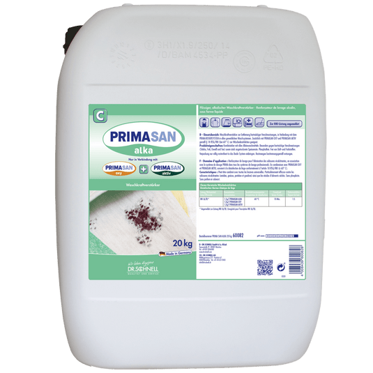 En vit plastbehållare på 20 kg med texten ”Dr. Schnell ”PRIMA SAN ALKA” från DR.SCHNELL GmbH & Co. KGaA, ett alkaliskt rengöringsmedel för professionellt bruk, med bruksanvisning, logotyper, en bild på en smutsig trasa och säkerhetsanvisningar för kommersiellt bruk.