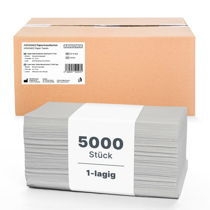 Ett 5.000-pack ARNOMED PAPPERHANDDUKAR 25 x 23 cm | V-FALZ från ARNOWA GmbH ligger staplade framför en brun kartong, omgiven av ett vitt band med texten "5000 stycken 1-lagers" - idealiska enlagers handdukar för tvättrum.