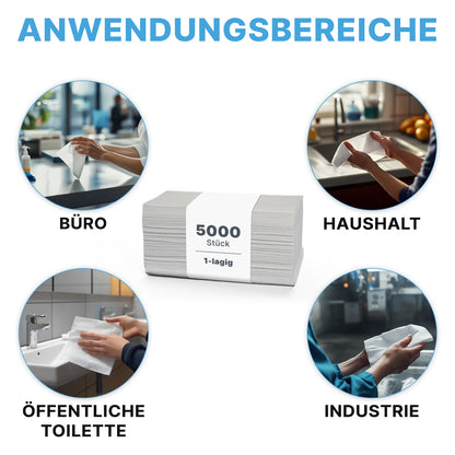 I mitten är en hög med 5.000 ARNOMED PAPPERHANDDUKAR 25 x 23 cm | V-FALZ från ARNOWA GmbH avbildad, som används i tvättrum, kontor, hem och industri - alla märkta på tyska.